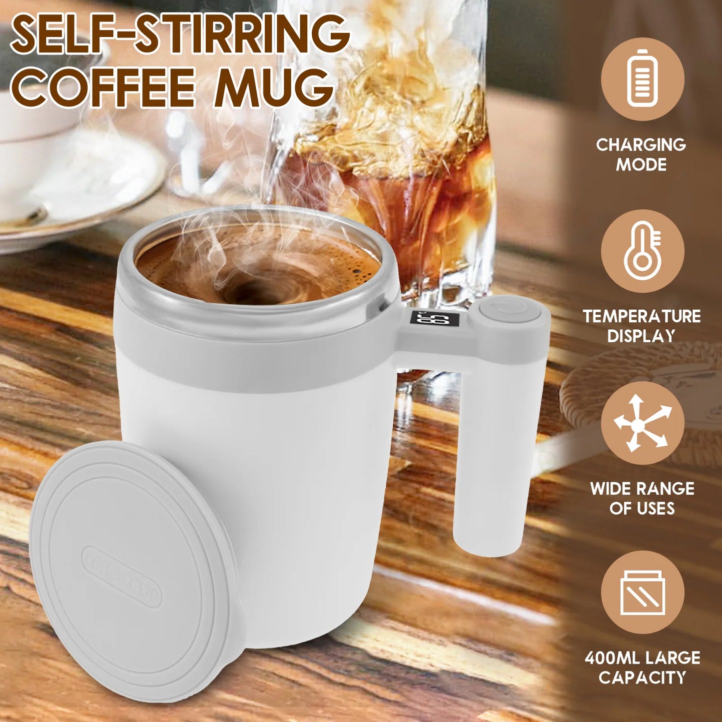 Rechargeable Self-Stirring Mug – 400ml Magnetic Automatic Coffee Cup, Stainless Steel