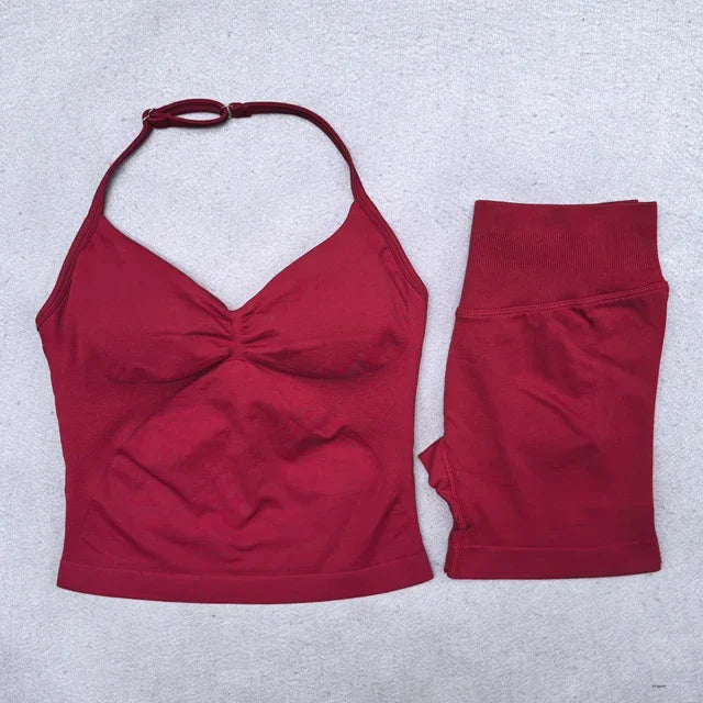 2 Pieces Seamless Yoga Set Workout Clothes Shorts Sets Adjustable Longline Strappy Top Scrunch Shorts Yoga Clothing Gym Set