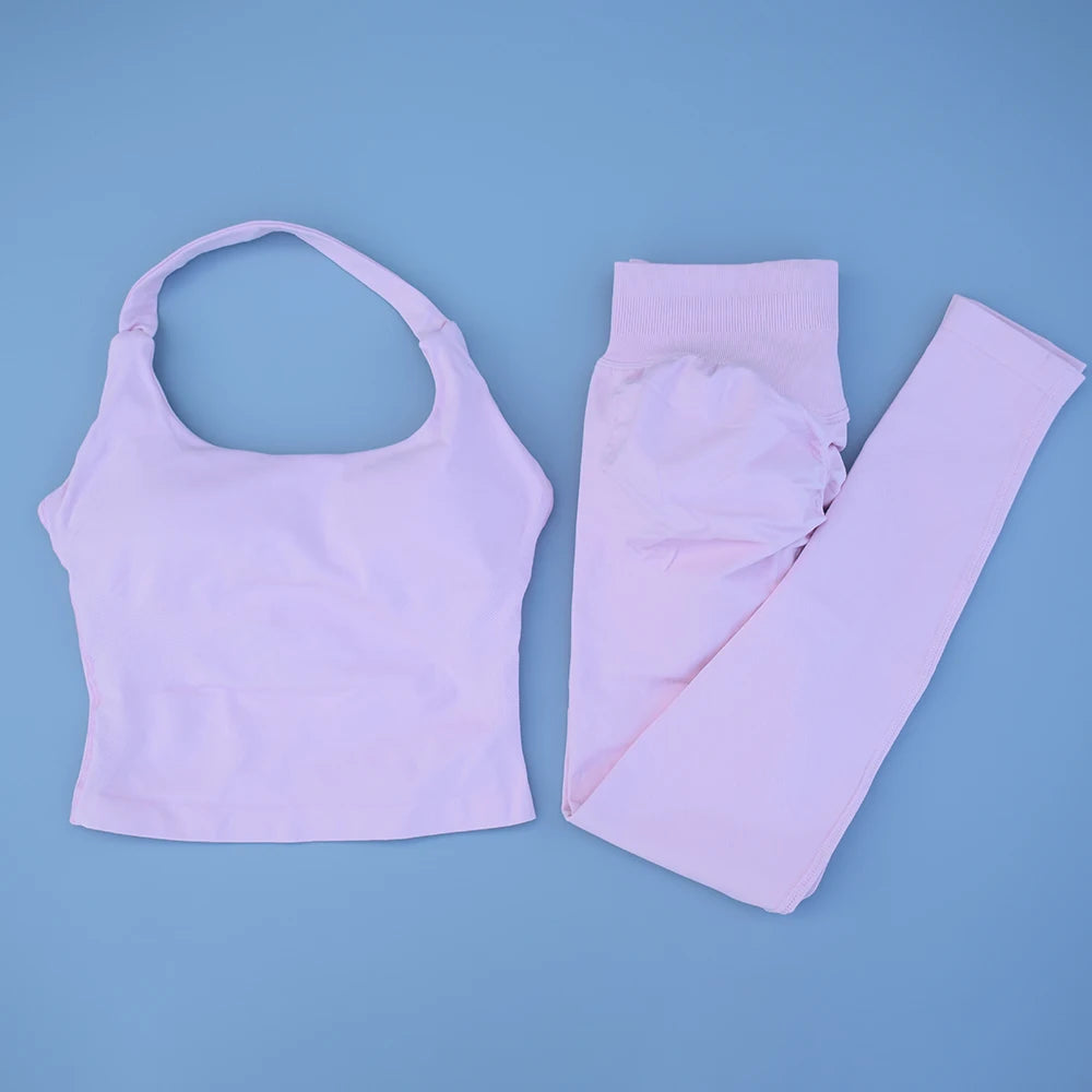 NO LOGO Gym Halter Top Woman longline strappy tank Padded yoga clothing SET Fitness workout Running Activewear pilates clothes
