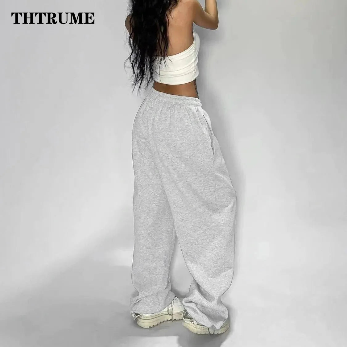 Casual Women Solid New Pant Fashion Summer Oversized Vintage Pocket Drawstring Wide Leg Pants Elegant Loose Baggy Chic Trousers