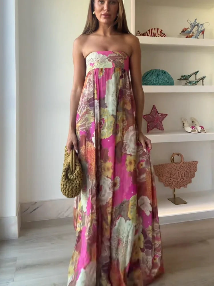 Fashion Printed Strapless Maxi Dress Women Elegant Off Shoulder Backless Sleeveless High Waist Gown Summer New Lady Party Robes