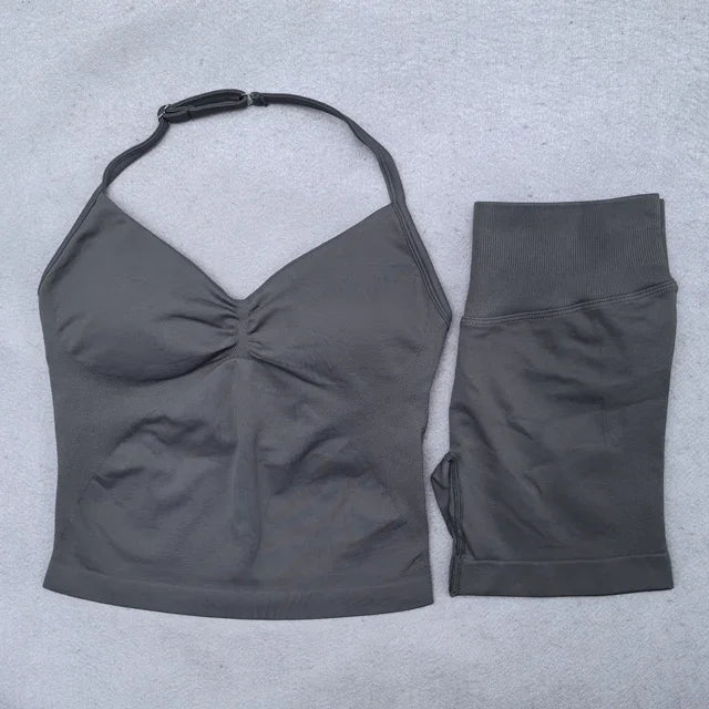 2 Pieces Seamless Yoga Set Workout Clothes Shorts Sets Adjustable Longline Strappy Top Scrunch Shorts Yoga Clothing Gym Set