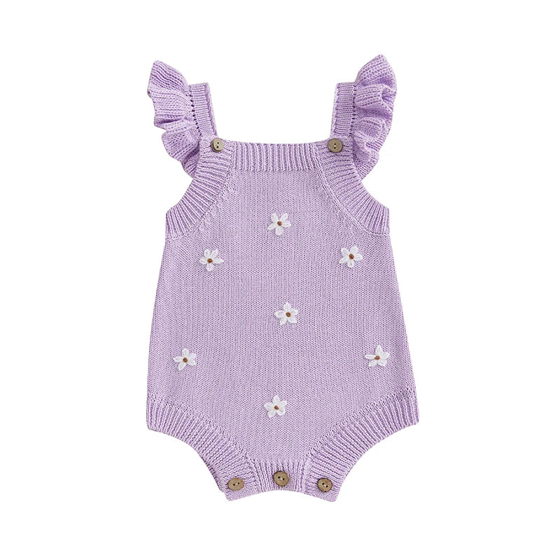 Baby Girl Clothing Summer Knit Romper Floral Embroidery Sleeveless Suspender Ruffle Bottom Snap Button Cotton Jumpsuits