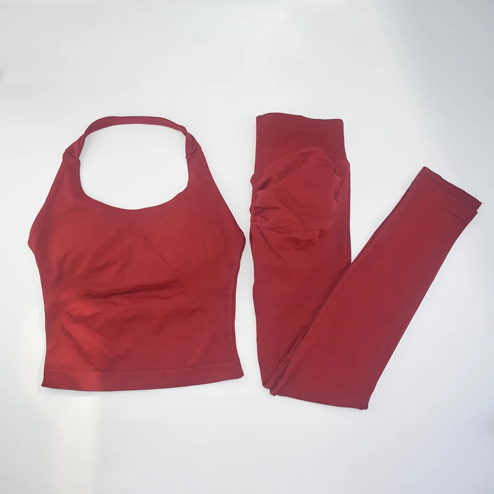 NO LOGO Gym Halter Top Woman longline strappy tank Padded yoga clothing SET Fitness workout Running Activewear pilates clothes