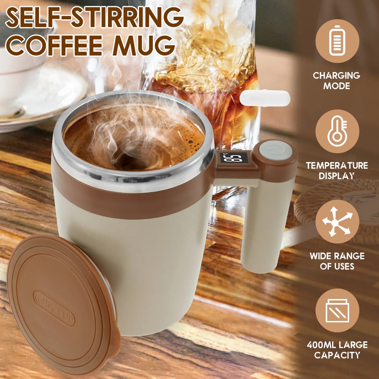 Rechargeable Self-Stirring Mug – 400ml Magnetic Automatic Coffee Cup, Stainless Steel