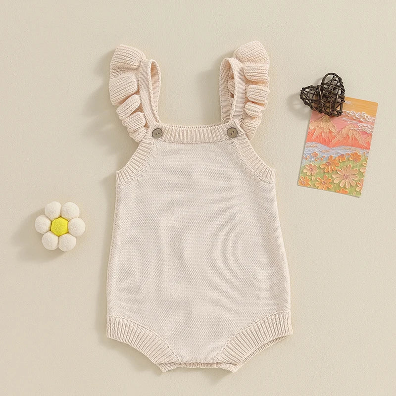 Baby Girl Clothing Summer Knit Romper Floral Embroidery Sleeveless Suspender Ruffle Bottom Snap Button Cotton Jumpsuits