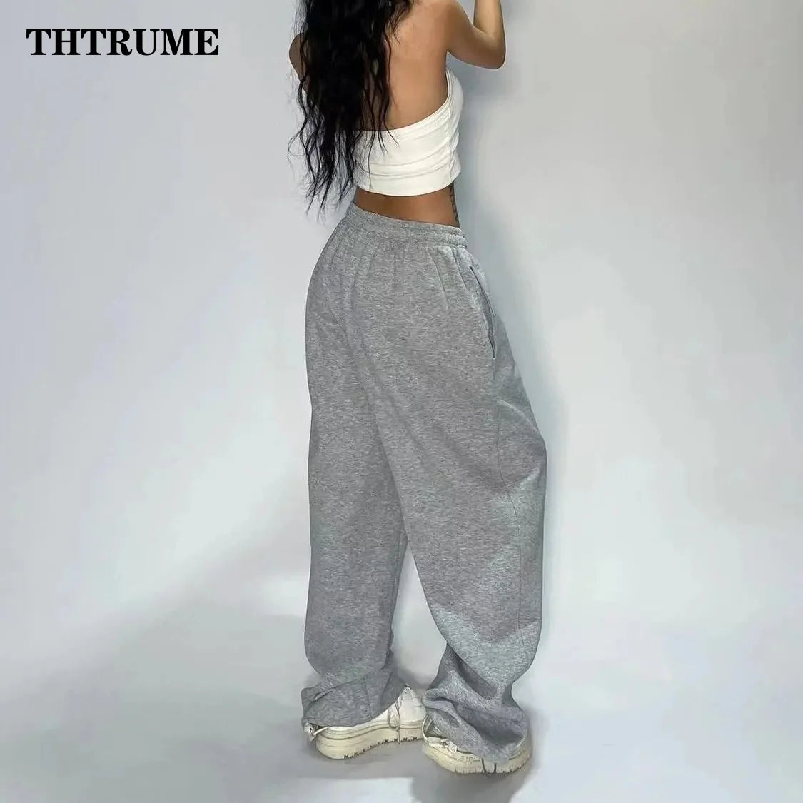 Casual Women Solid New Pant Fashion Summer Oversized Vintage Pocket Drawstring Wide Leg Pants Elegant Loose Baggy Chic Trousers