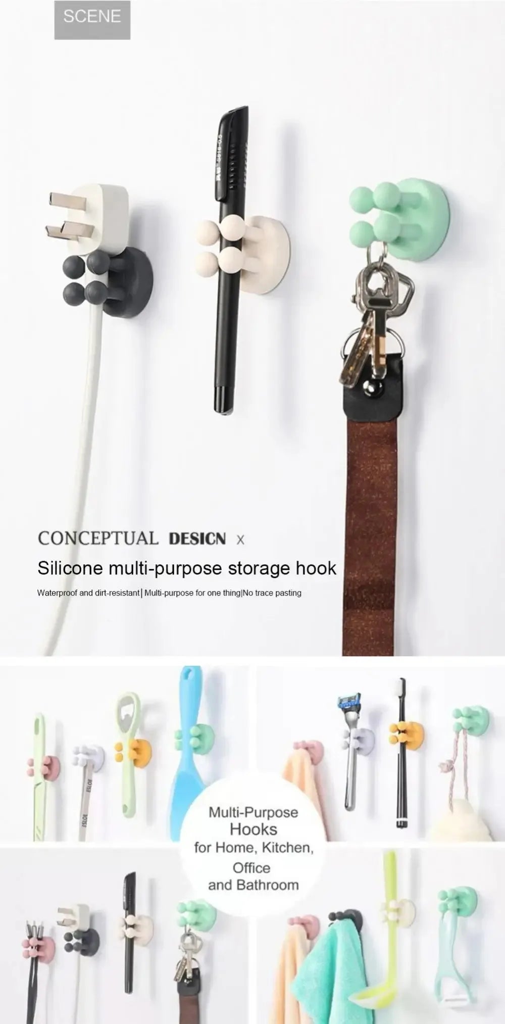 Self-adhesive silicone hook – perfect for holding razors, toothbrushes, and more. Easy to install, keeps your bathroom neat and organized!