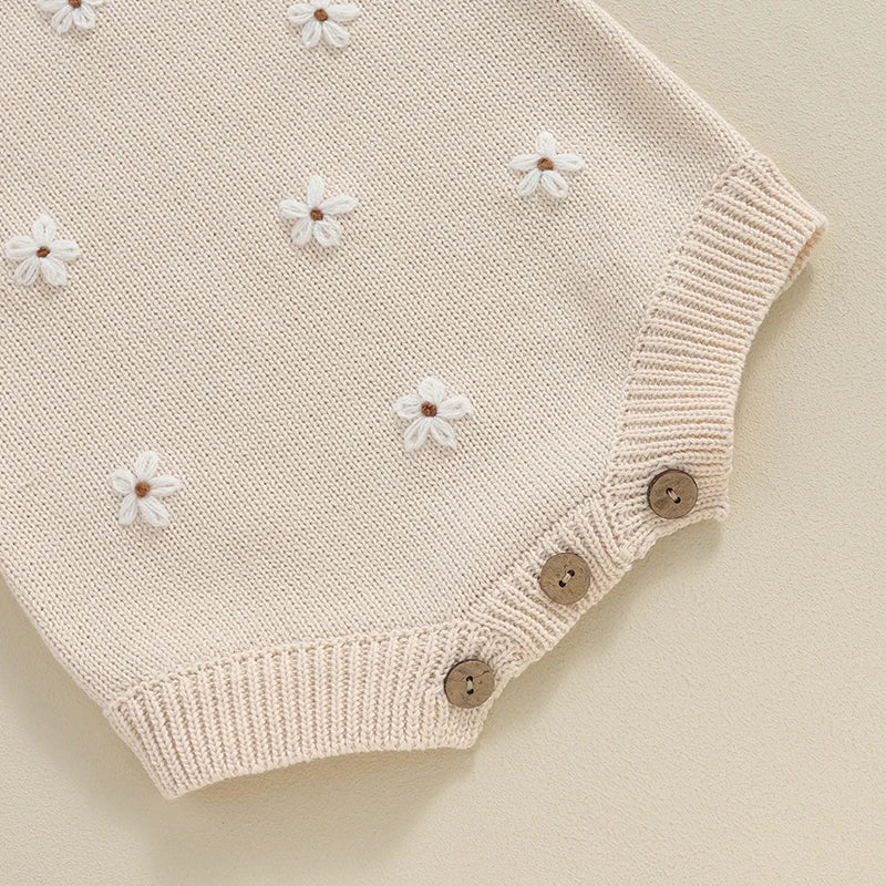 Baby Girl Clothing Summer Knit Romper Floral Embroidery Sleeveless Suspender Ruffle Bottom Snap Button Cotton Jumpsuits