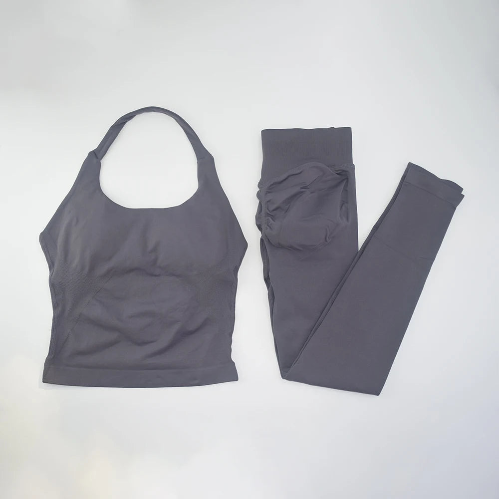 NO LOGO Gym Halter Top Woman longline strappy tank Padded yoga clothing SET Fitness workout Running Activewear pilates clothes