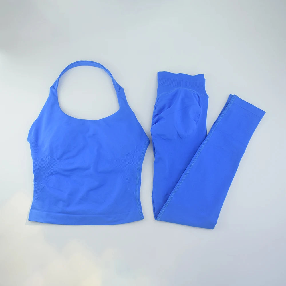 NO LOGO Gym Halter Top Woman longline strappy tank Padded yoga clothing SET Fitness workout Running Activewear pilates clothes