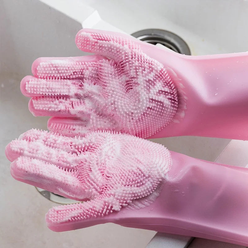 Silicone Dishwashing Gloves - Heat Resistant & Scratch-Proof for Cleaning, Pet Bathing, Kitchen Tasks, Extra Long Cuff (G