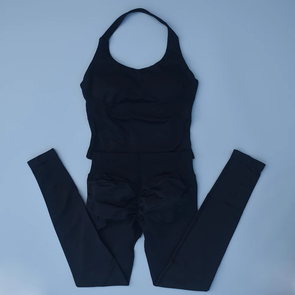 NO LOGO Gym Halter Top Woman longline strappy tank Padded yoga clothing SET Fitness workout Running Activewear pilates clothes