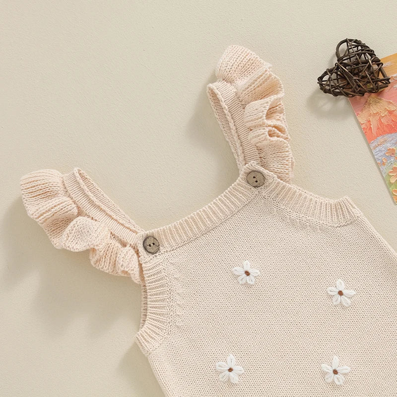 Baby Girl Clothing Summer Knit Romper Floral Embroidery Sleeveless Suspender Ruffle Bottom Snap Button Cotton Jumpsuits