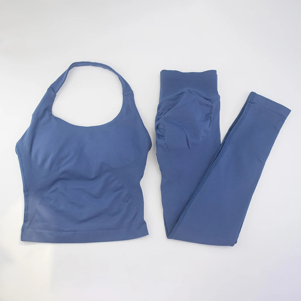 NO LOGO Gym Halter Top Woman longline strappy tank Padded yoga clothing SET Fitness workout Running Activewear pilates clothes