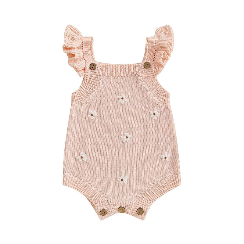 Baby Girl Clothing Summer Knit Romper Floral Embroidery Sleeveless Suspender Ruffle Bottom Snap Button Cotton Jumpsuits