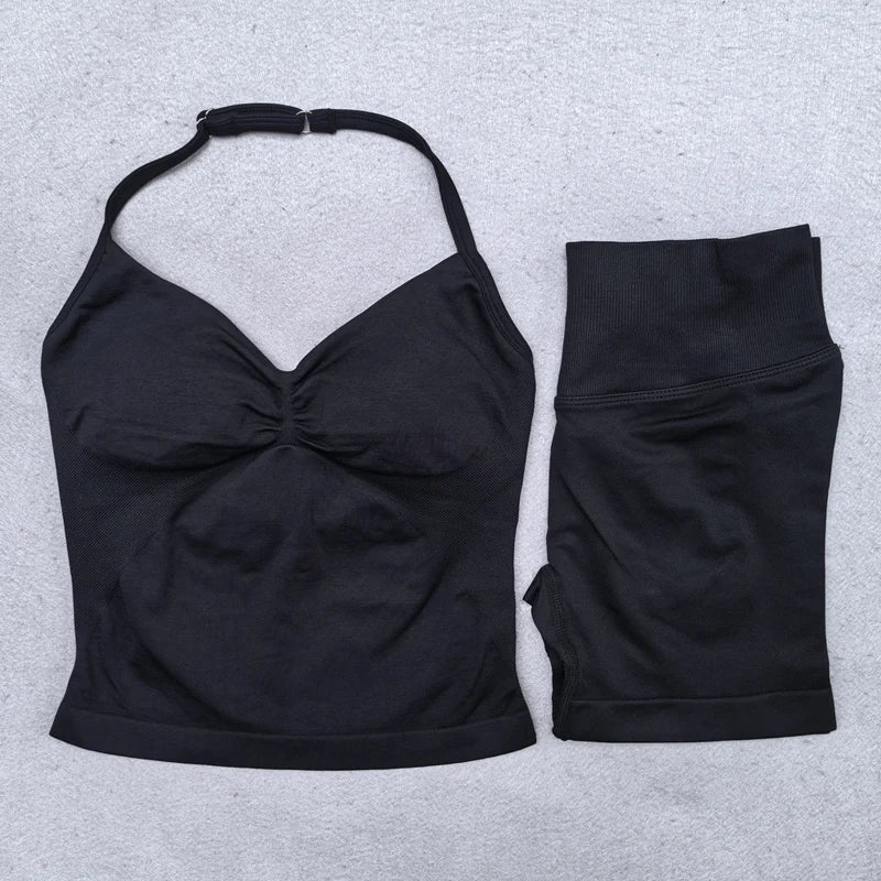 2 Pieces Seamless Yoga Set Workout Clothes Shorts Sets Adjustable Longline Strappy Top Scrunch Shorts Yoga Clothing Gym Set