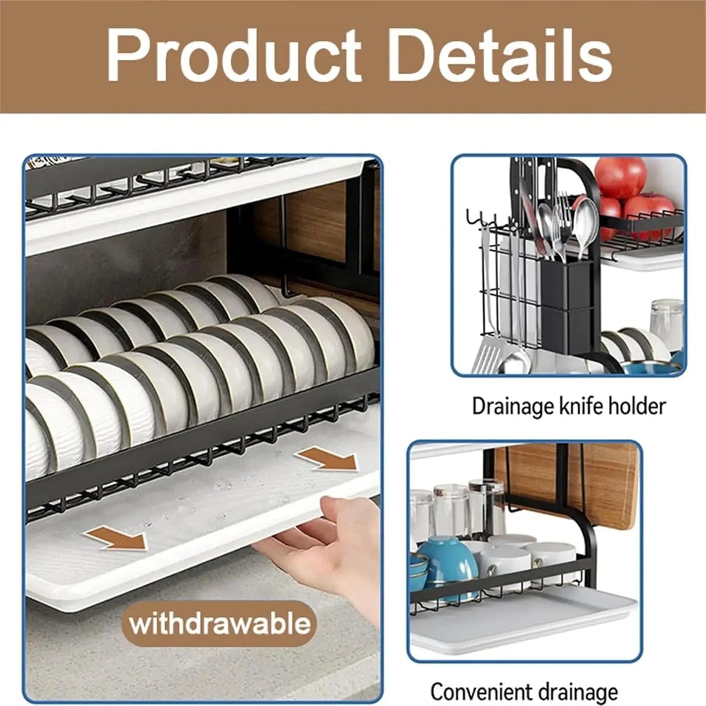 Dish Rack, Three-Tier Space-Saving Kitchen Countertop Utensil Holder, Large Capacity Dish Drainer, Suitable for Tableware