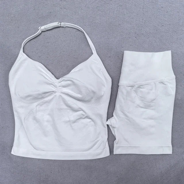 2 Pieces Seamless Yoga Set Workout Clothes Shorts Sets Adjustable Longline Strappy Top Scrunch Shorts Yoga Clothing Gym Set