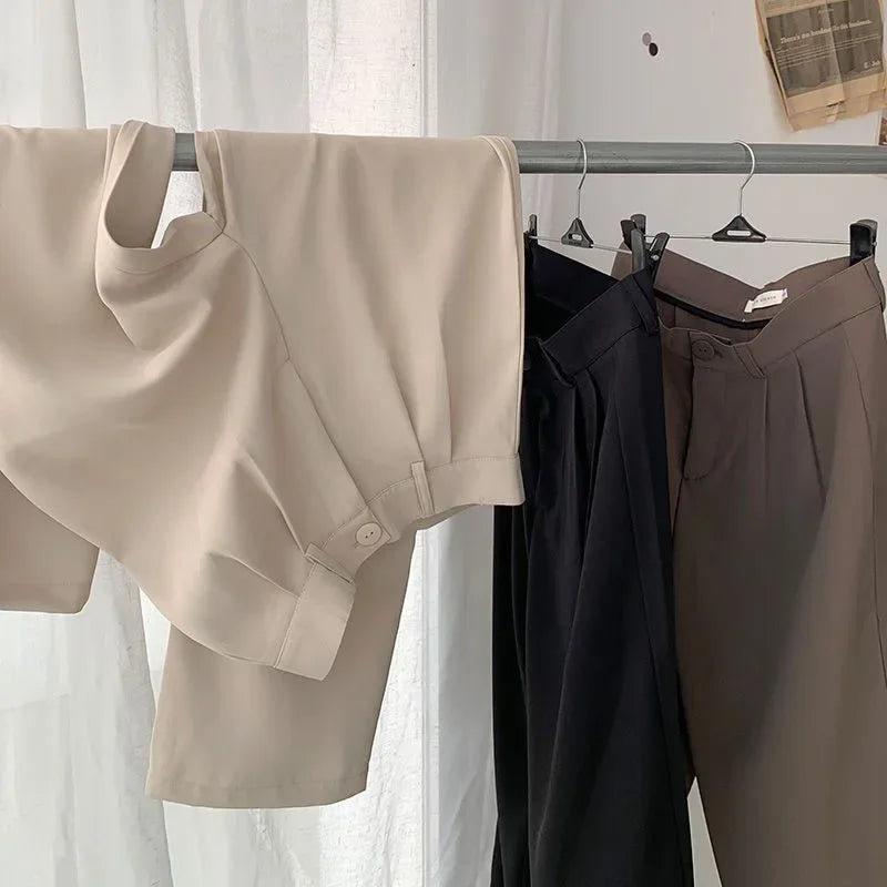 Fanan Casual Suit Pants Women Korean Fashion High Waist Office Straight Pants Woman All-match Streetwear Loose Wide Leg Trousers