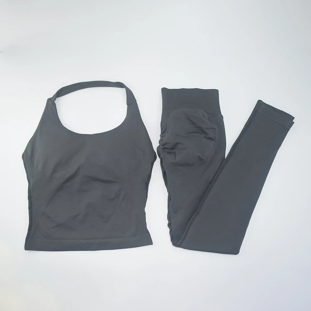 NO LOGO Gym Halter Top Woman longline strappy tank Padded yoga clothing SET Fitness workout Running Activewear pilates clothes