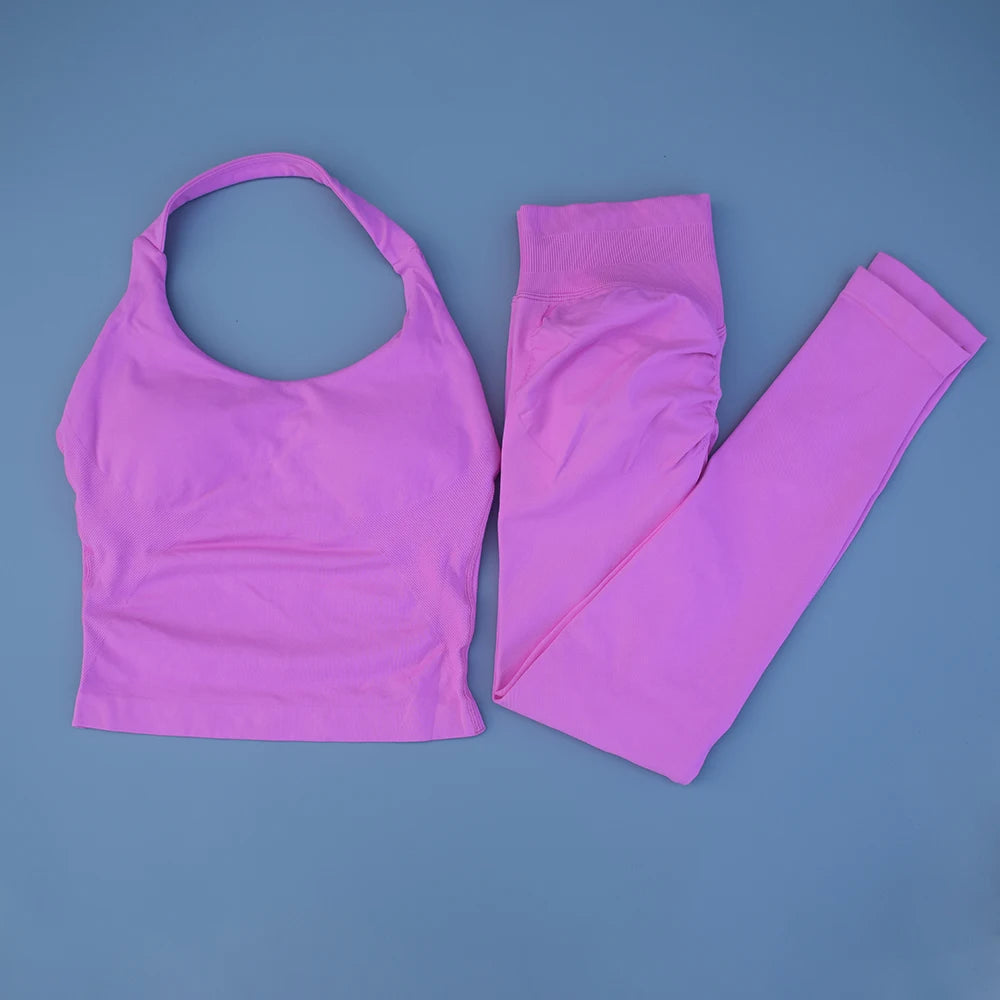 NO LOGO Gym Halter Top Woman longline strappy tank Padded yoga clothing SET Fitness workout Running Activewear pilates clothes