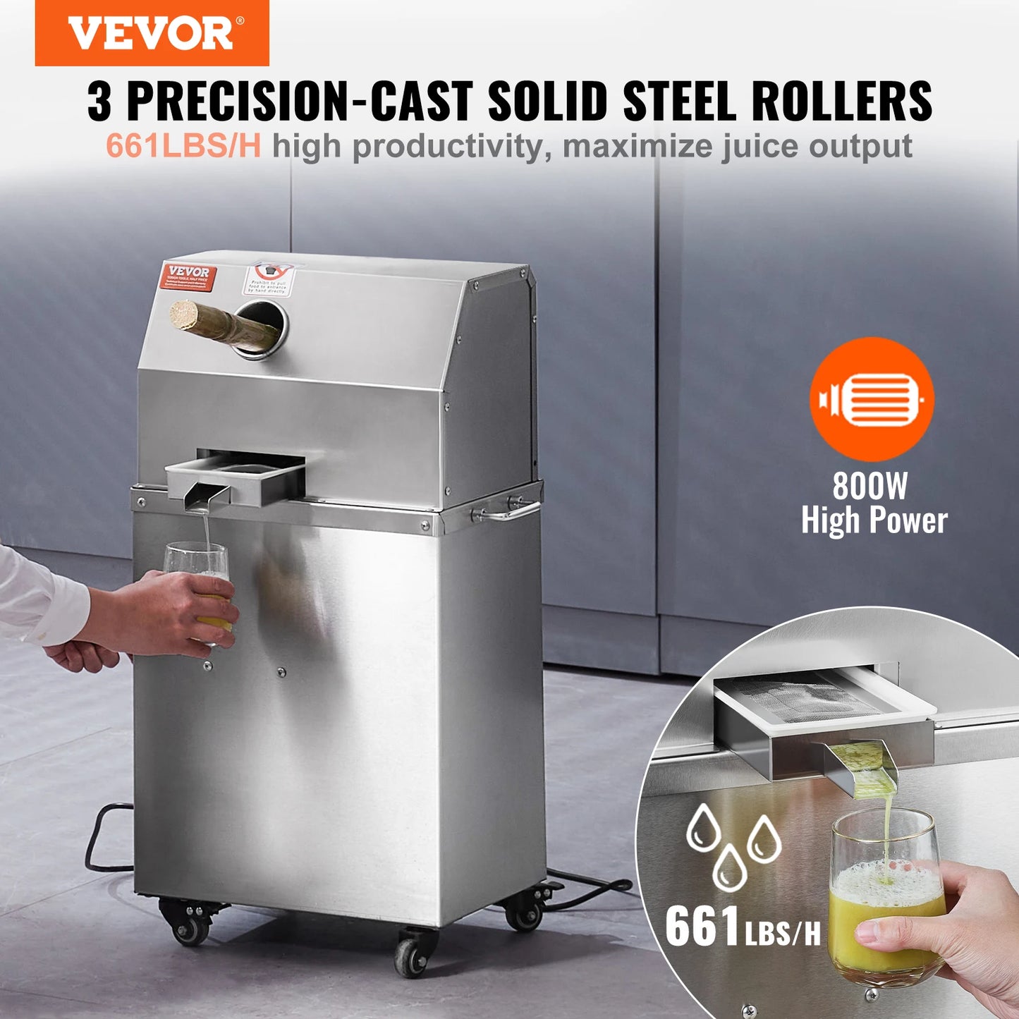 SucceBuy 750/800W Electric Sugar Cane Juicer Sugarcane Juicer Machine 3/4 Stainless Steel Rollers for Home and Commercial