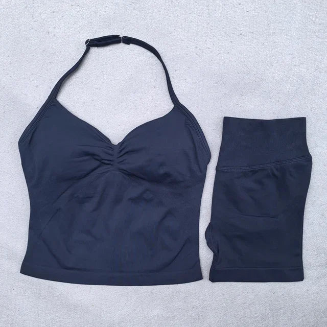 2 Pieces Seamless Yoga Set Workout Clothes Shorts Sets Adjustable Longline Strappy Top Scrunch Shorts Yoga Clothing Gym Set