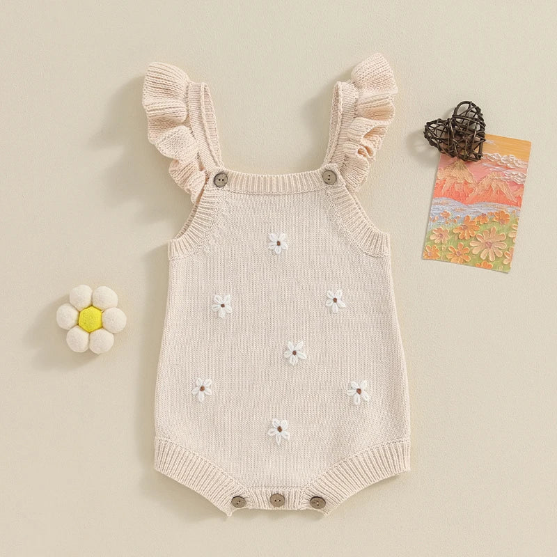 Baby Girl Clothing Summer Knit Romper Floral Embroidery Sleeveless Suspender Ruffle Bottom Snap Button Cotton Jumpsuits