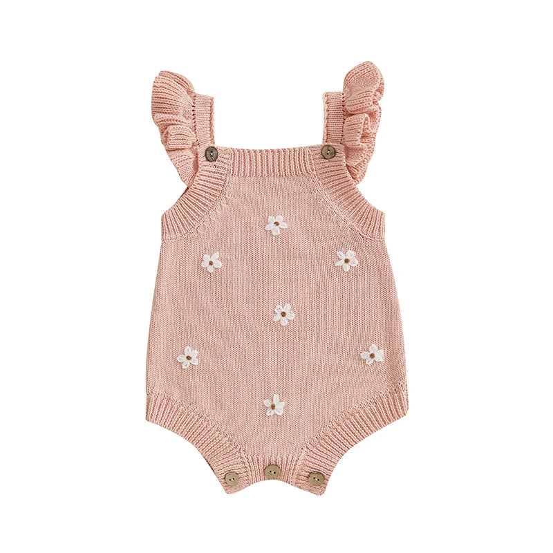 Baby Girl Clothing Summer Knit Romper Floral Embroidery Sleeveless Suspender Ruffle Bottom Snap Button Cotton Jumpsuits