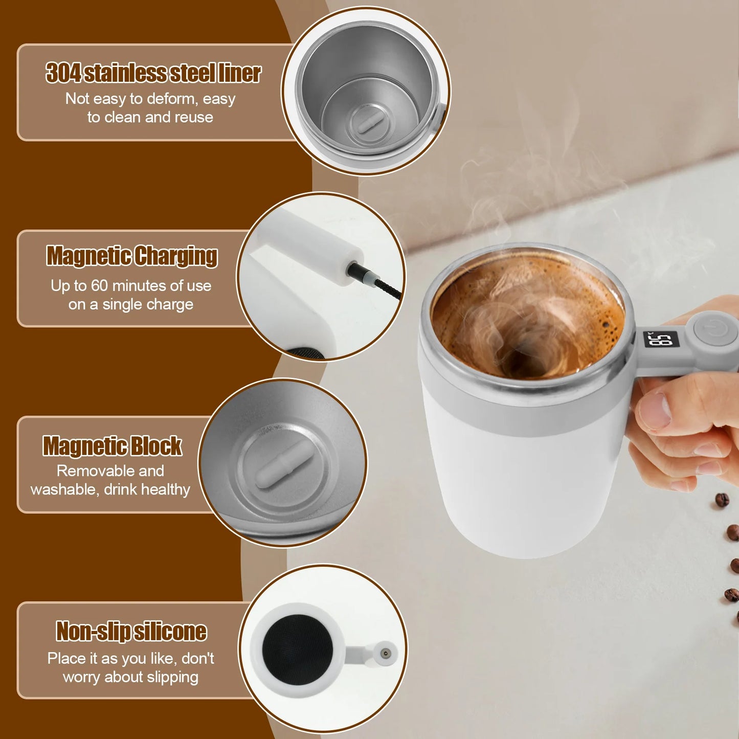 Rechargeable Self-Stirring Mug – 400ml Magnetic Automatic Coffee Cup, Stainless Steel