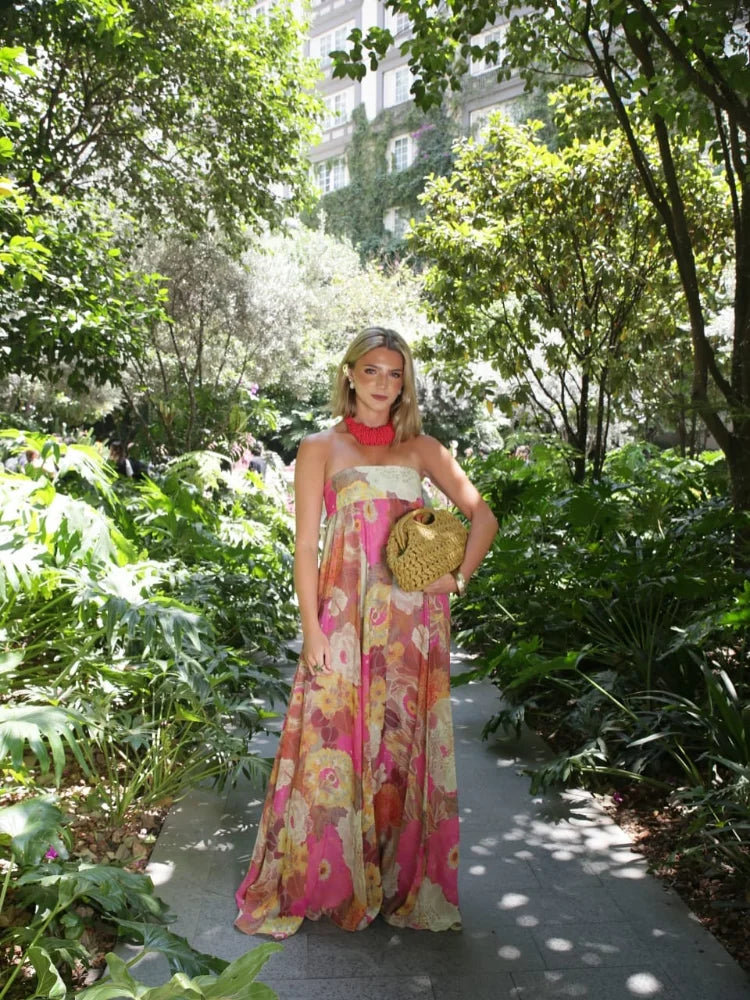 Fashion Printed Strapless Maxi Dress Women Elegant Off Shoulder Backless Sleeveless High Waist Gown Summer New Lady Party Robes