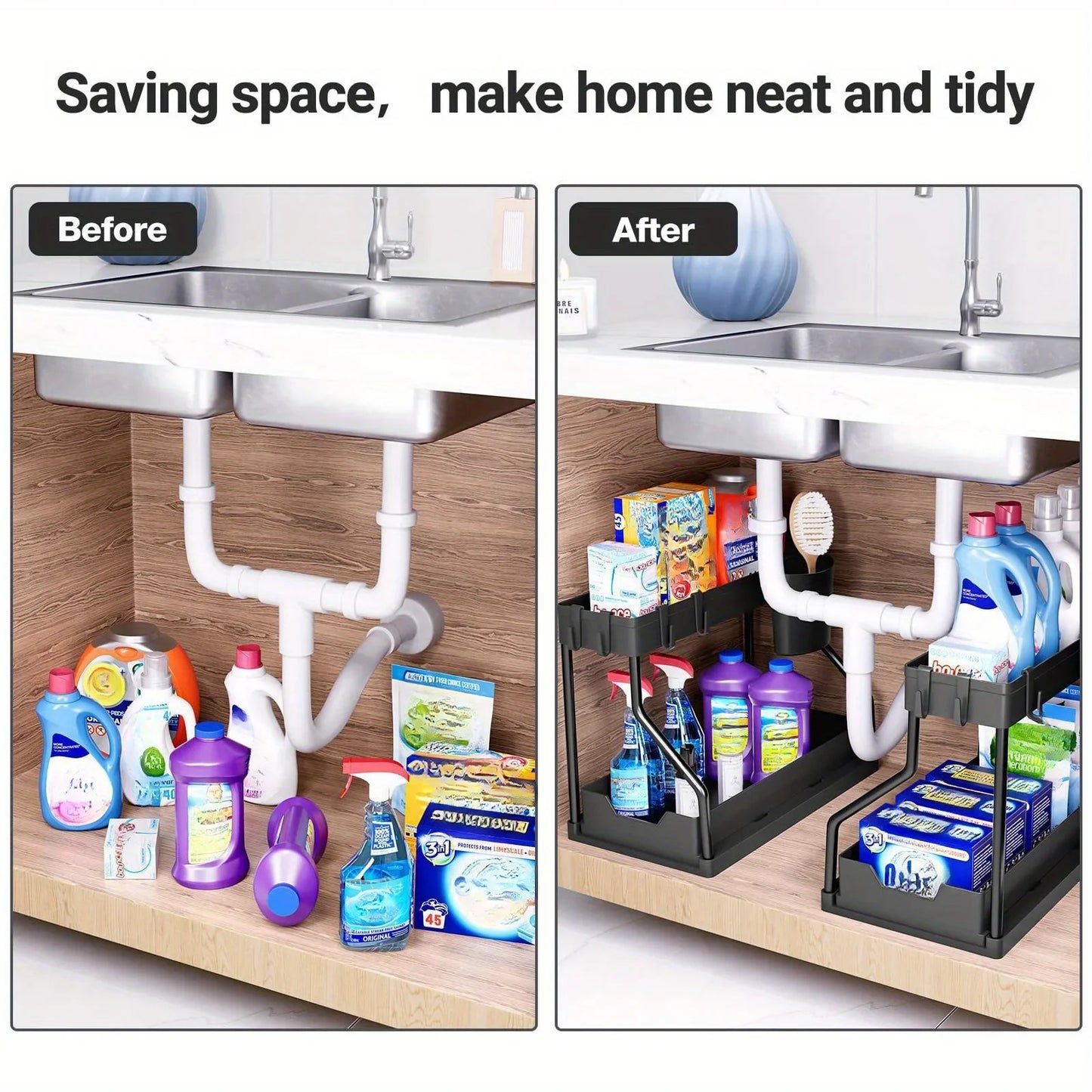 bathroom sink and kitchen storage rack - multi-layer pull-out suitable for organizing and storing clutter and seasonings.