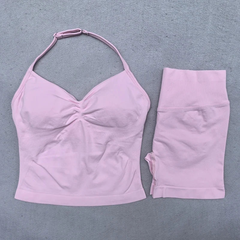 2 Pieces Seamless Yoga Set Workout Clothes Shorts Sets Adjustable Longline Strappy Top Scrunch Shorts Yoga Clothing Gym Set