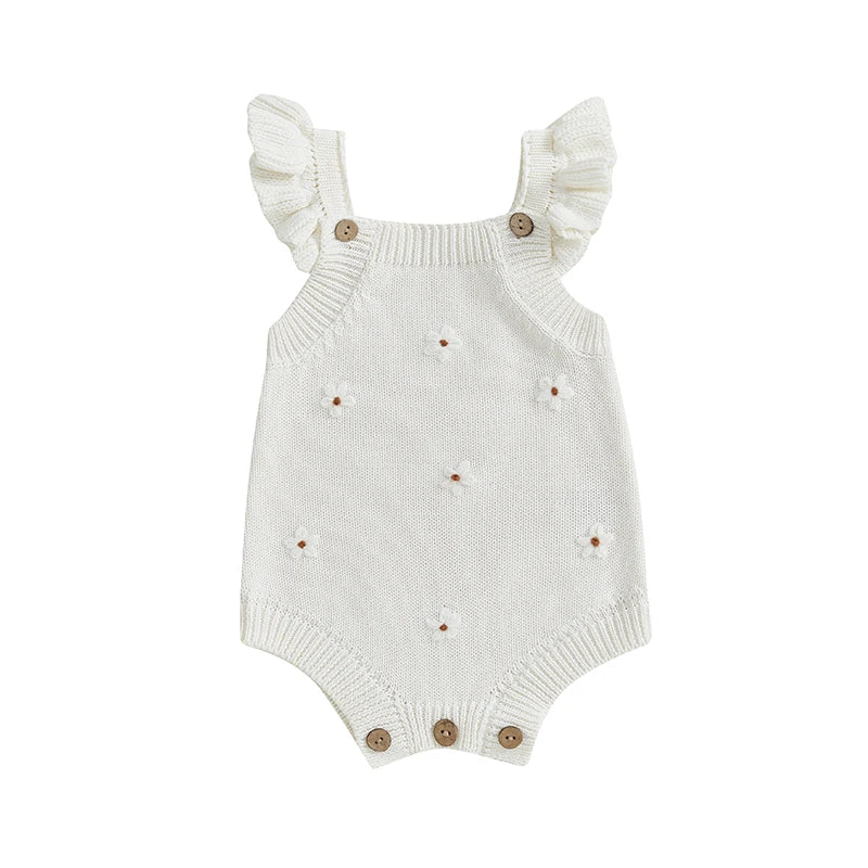 Baby Girl Clothing Summer Knit Romper Floral Embroidery Sleeveless Suspender Ruffle Bottom Snap Button Cotton Jumpsuits