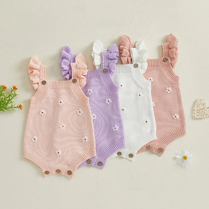 Baby Girl Clothing Summer Knit Romper Floral Embroidery Sleeveless Suspender Ruffle Bottom Snap Button Cotton Jumpsuits