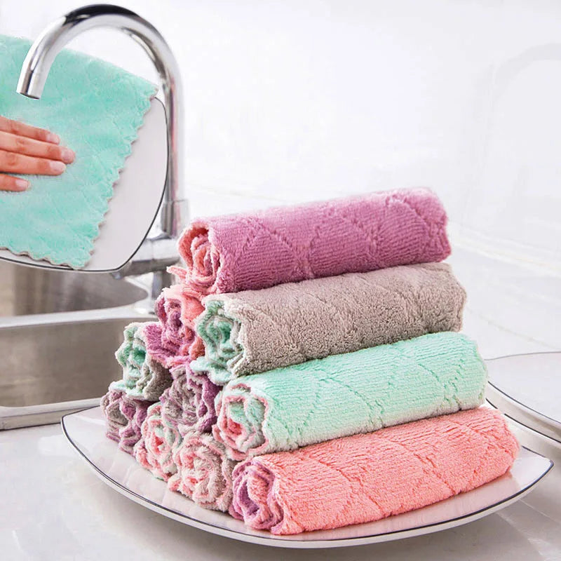 Dual-Sided Dish Cloths 10-Pack - Reusable Cleaning Rags for Kitchen, Dishes, Countertops, Absorbent & Quick-Dry (Gray/Blue Strip