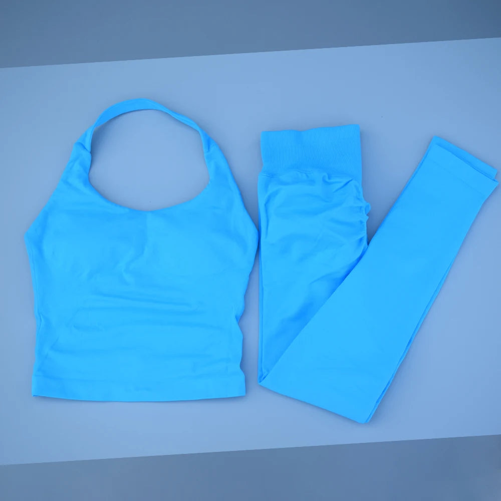 NO LOGO Gym Halter Top Woman longline strappy tank Padded yoga clothing SET Fitness workout Running Activewear pilates clothes