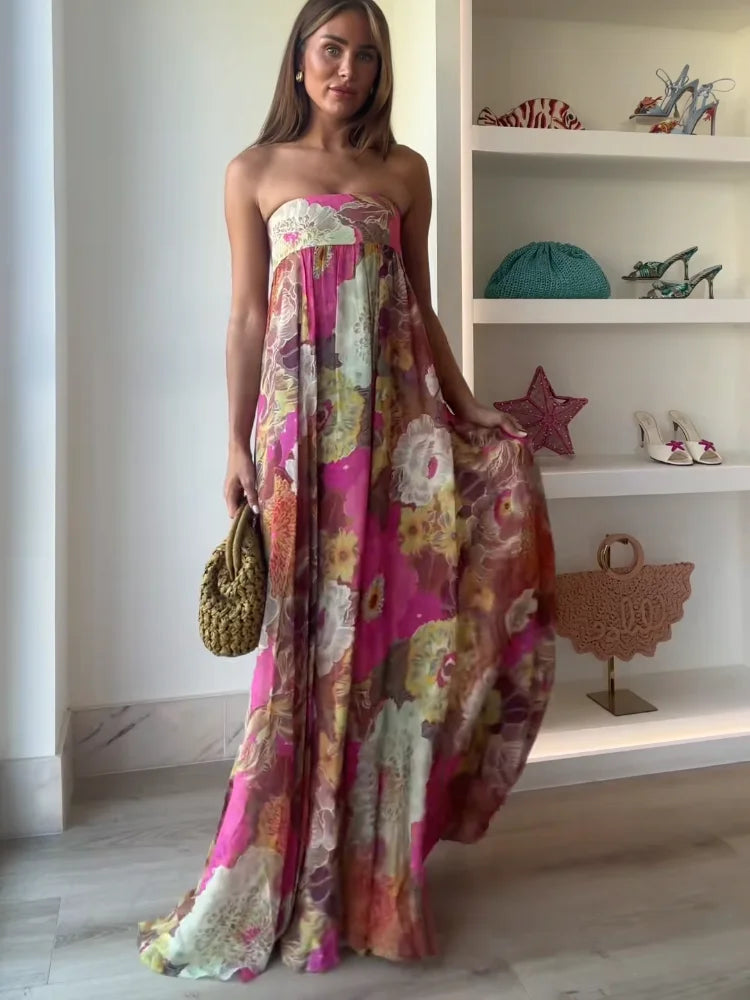 Fashion Printed Strapless Maxi Dress Women Elegant Off Shoulder Backless Sleeveless High Waist Gown Summer New Lady Party Robes