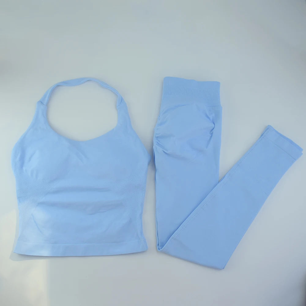NO LOGO Gym Halter Top Woman longline strappy tank Padded yoga clothing SET Fitness workout Running Activewear pilates clothes