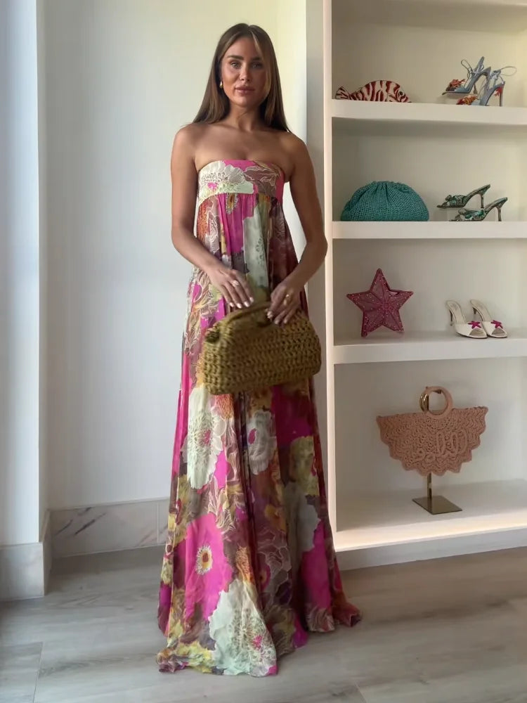 Fashion Printed Strapless Maxi Dress Women Elegant Off Shoulder Backless Sleeveless High Waist Gown Summer New Lady Party Robes
