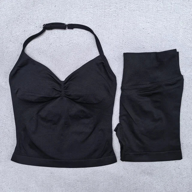 2 Pieces Seamless Yoga Set Workout Clothes Shorts Sets Adjustable Longline Strappy Top Scrunch Shorts Yoga Clothing Gym Set