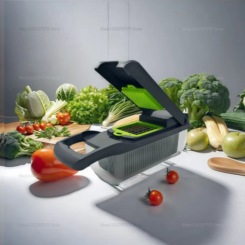 Household Vegetable Slicer and Food Chopper Kitchen Tool with Tomato Carrot Onion Grater Shredder for Meal Prep and Cooking