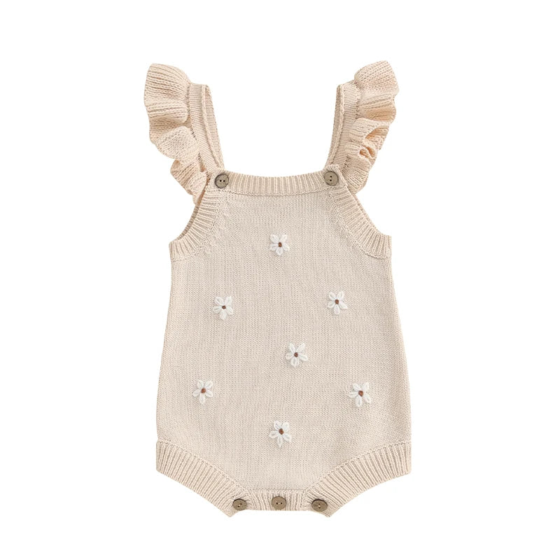 Baby Girl Clothing Summer Knit Romper Floral Embroidery Sleeveless Suspender Ruffle Bottom Snap Button Cotton Jumpsuits