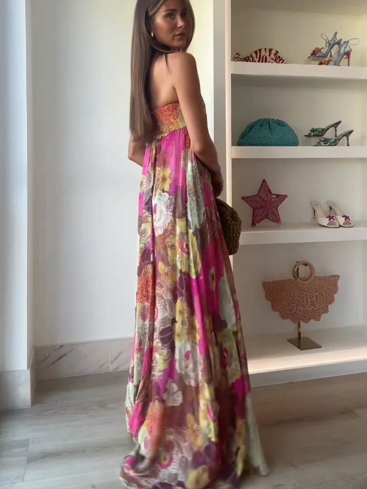 Fashion Printed Strapless Maxi Dress Women Elegant Off Shoulder Backless Sleeveless High Waist Gown Summer New Lady Party Robes