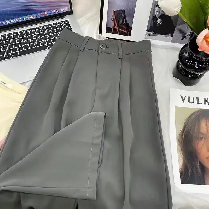 Fanan Casual Suit Pants Women Korean Fashion High Waist Office Straight Pants Woman All-match Streetwear Loose Wide Leg Trousers