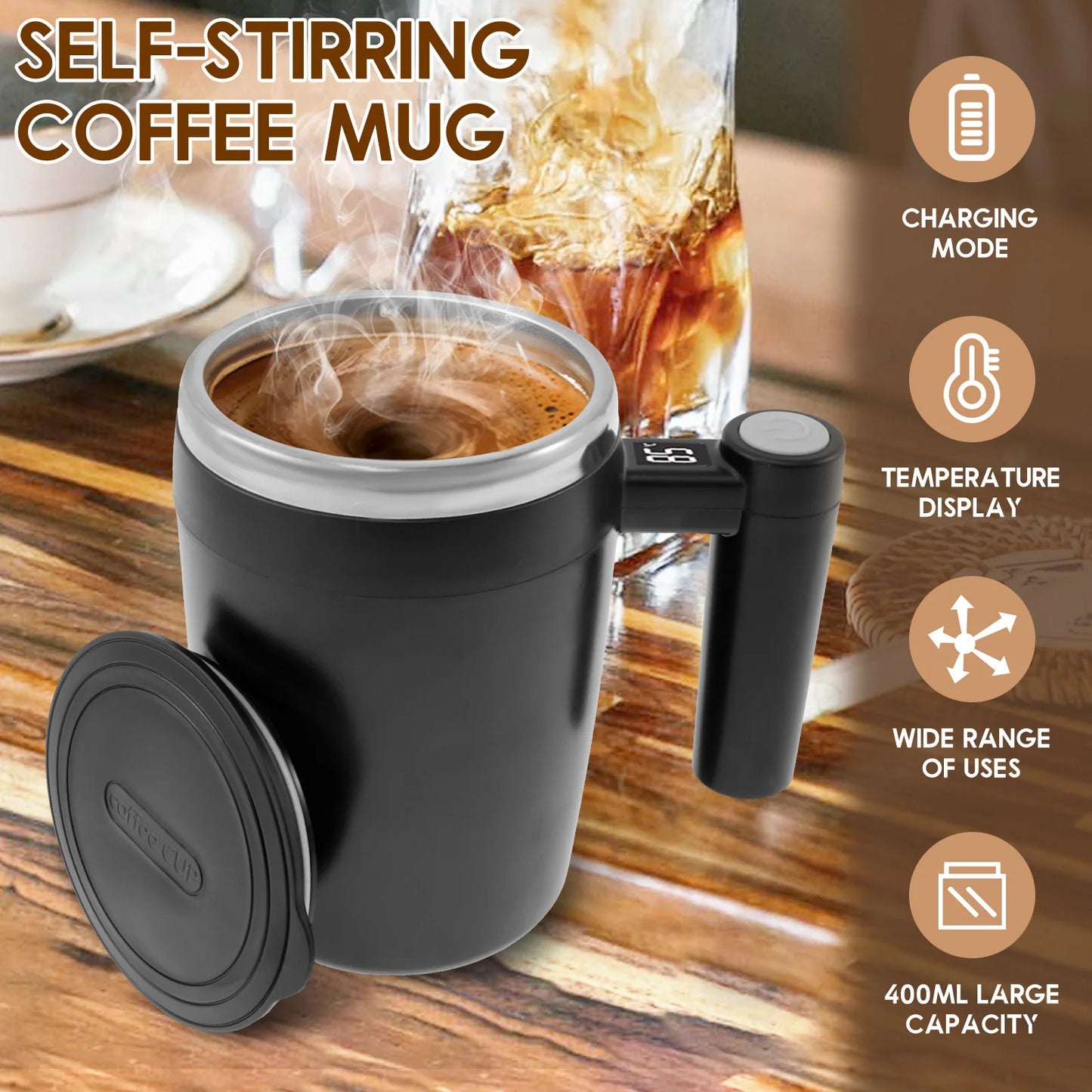 Rechargeable Self-Stirring Mug – 400ml Magnetic Automatic Coffee Cup, Stainless Steel