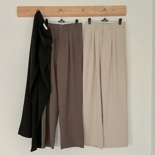 Fanan Casual Suit Pants Women Korean Fashion High Waist Office Straight Pants Woman All-match Streetwear Loose Wide Leg Trousers