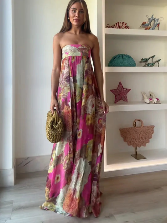 Fashion Printed Strapless Maxi Dress Women Elegant Off Shoulder Backless Sleeveless High Waist Gown Summer New Lady Party Robes