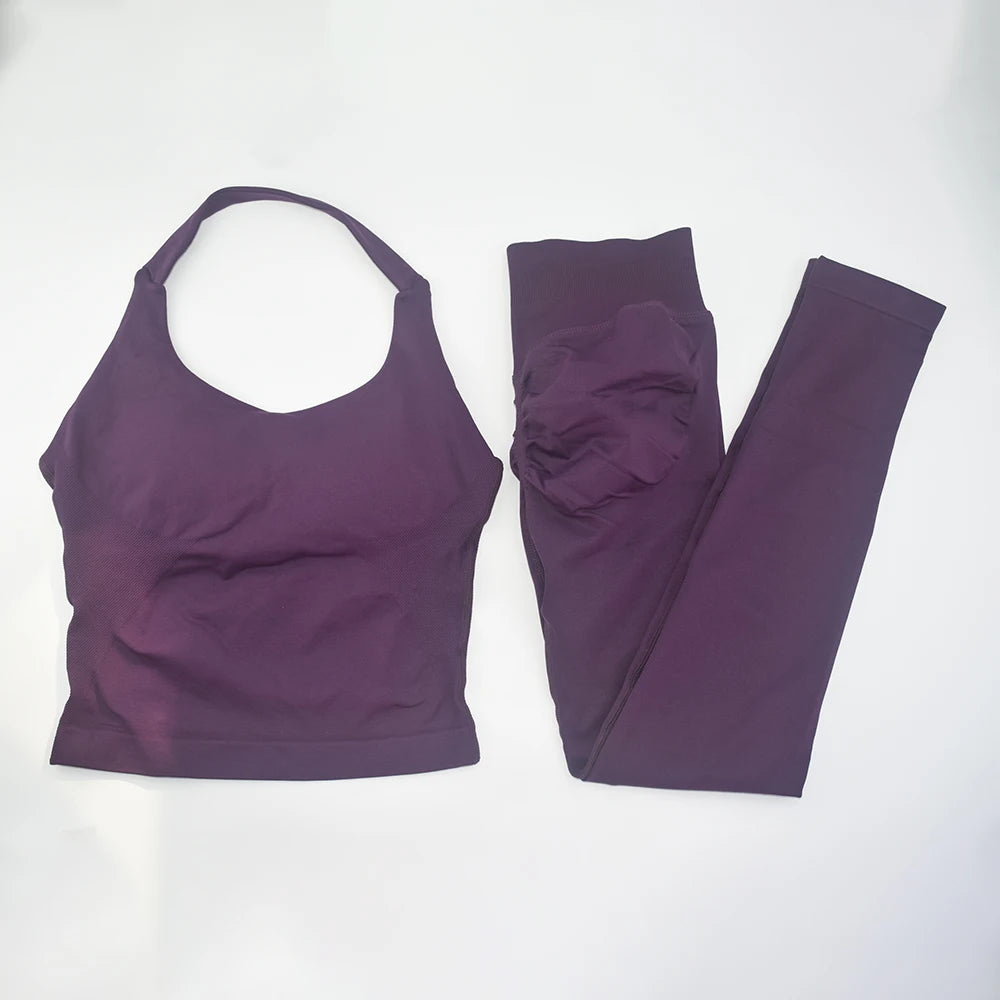 NO LOGO Gym Halter Top Woman longline strappy tank Padded yoga clothing SET Fitness workout Running Activewear pilates clothes